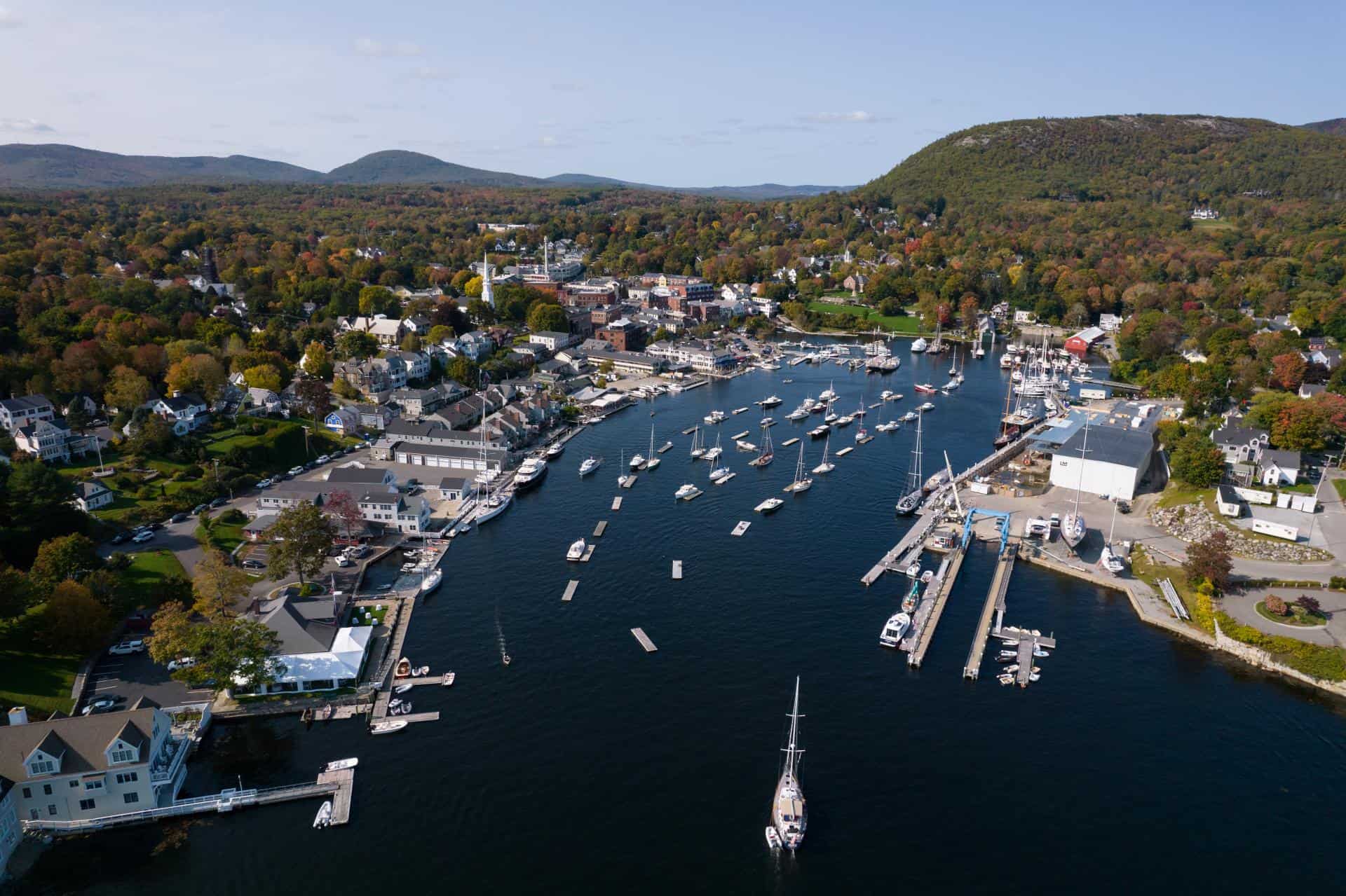 View of Camden Maine harbor and historic homes