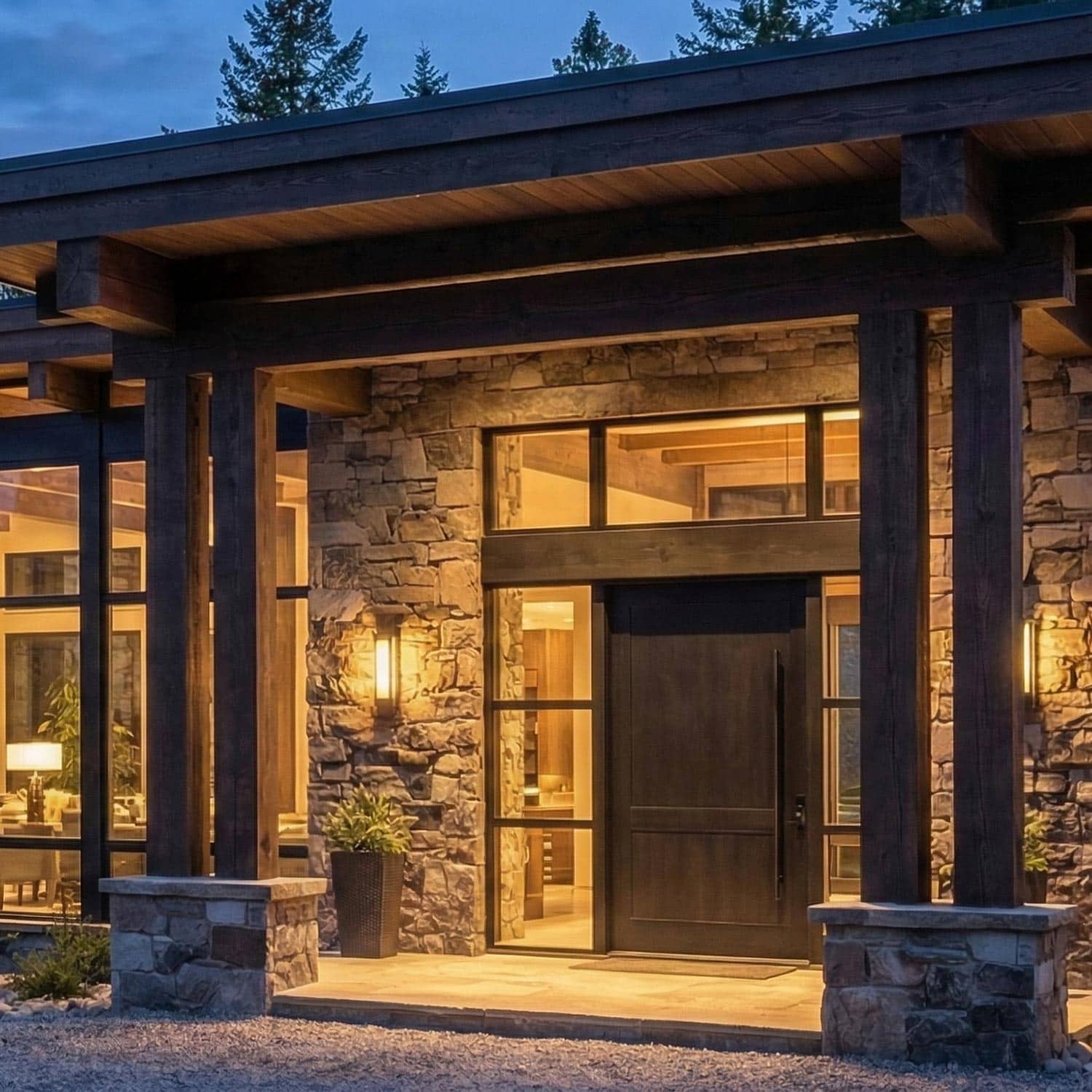 Modern house entrance at dusk featuring stone walls, large glass windows, and a dark wood door