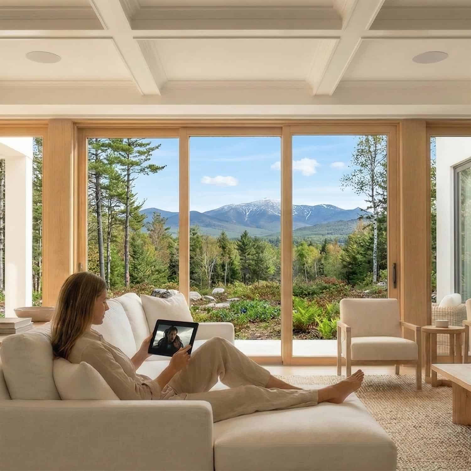 Person reclining on a white chaise lounge using a tablet with a view of mountains and forest
