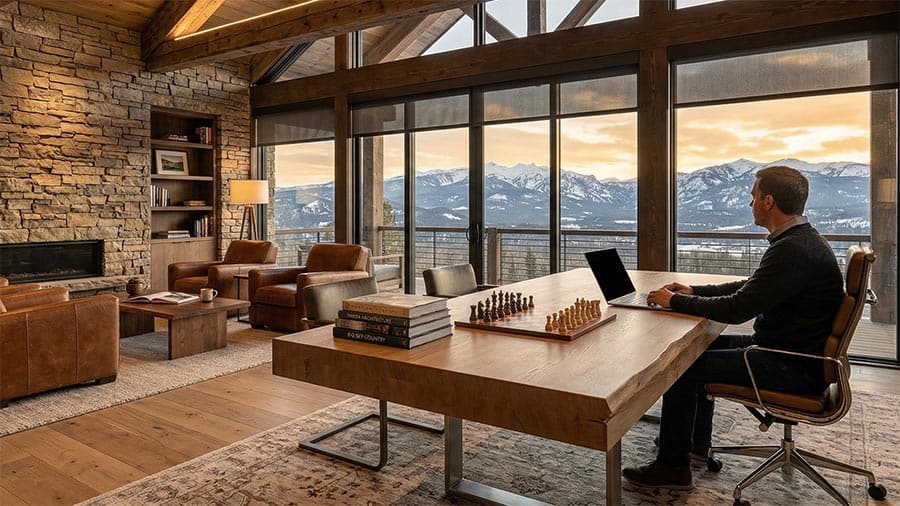 Person using a laptop at a large wooden table in a room with a mountain sunset view
