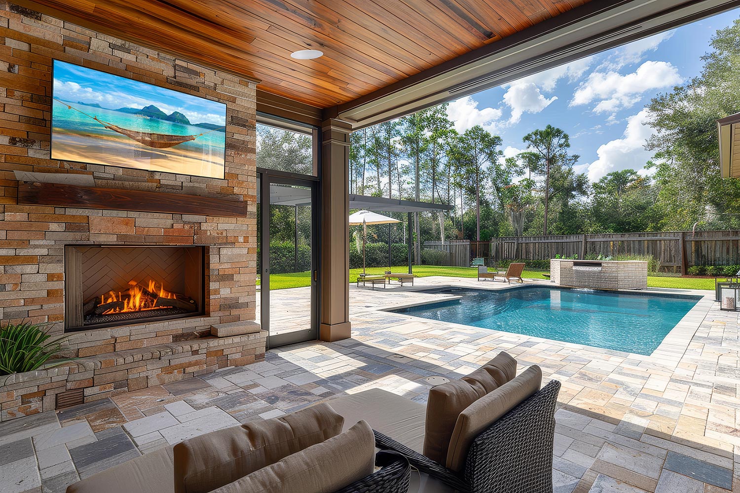 Luxury outdoor patio with stone fireplace, television, and swimming pool
