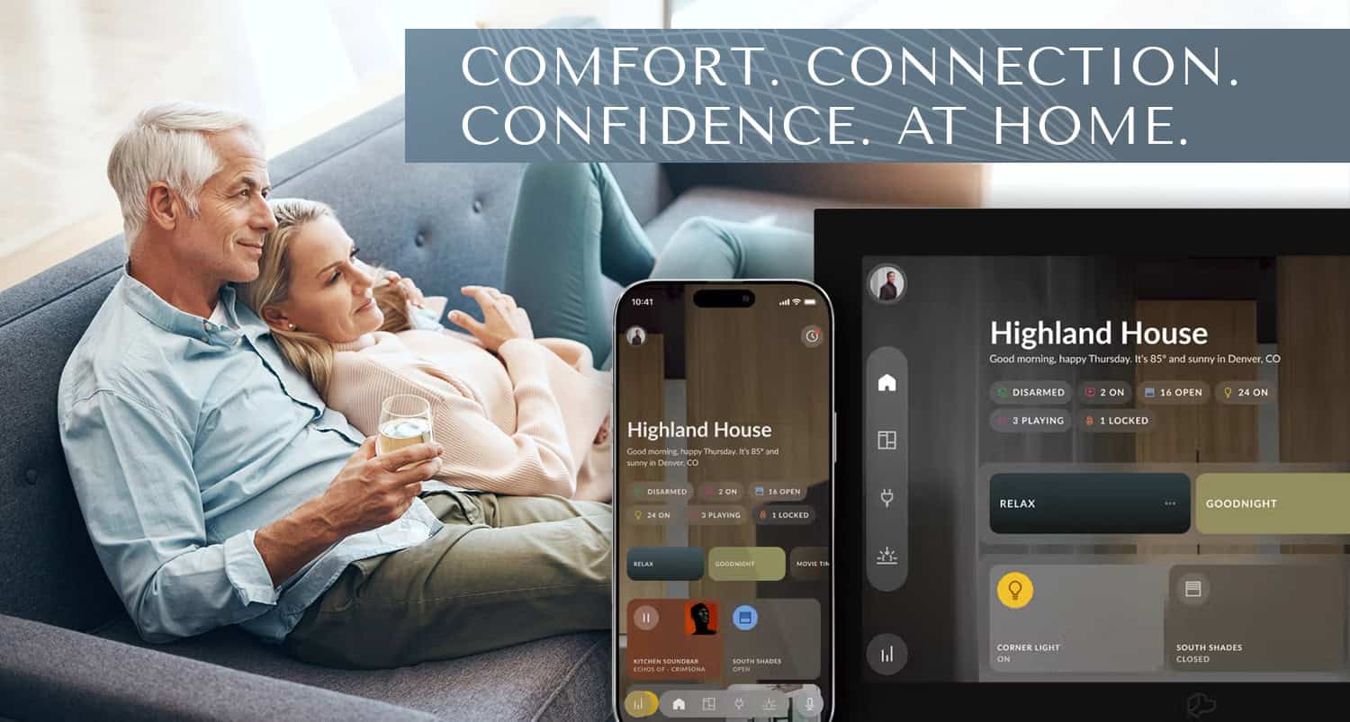Elderly couple enjoying smart home technology for comfort and security at home.