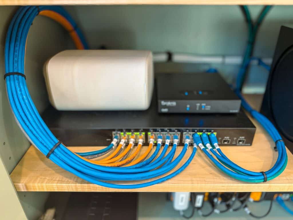 Networking equipment with cables and devices at Atlantic AV.