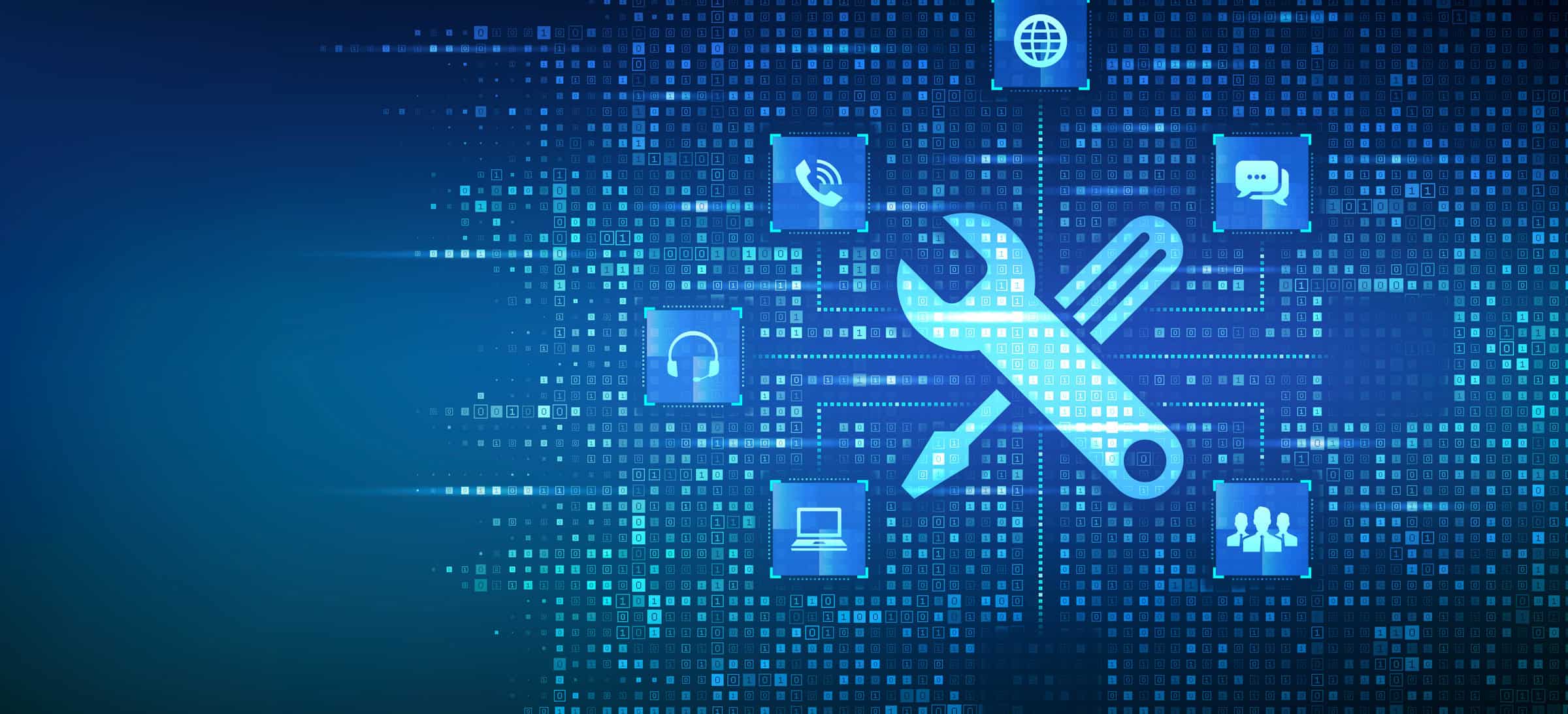 Digital tools and support icons representing Atlantic AV's technology solutions.