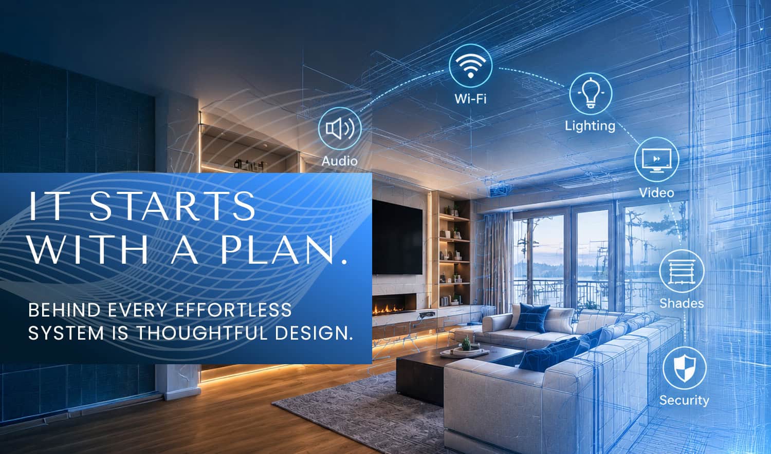 Modern living room with smart home technology icons overlay.