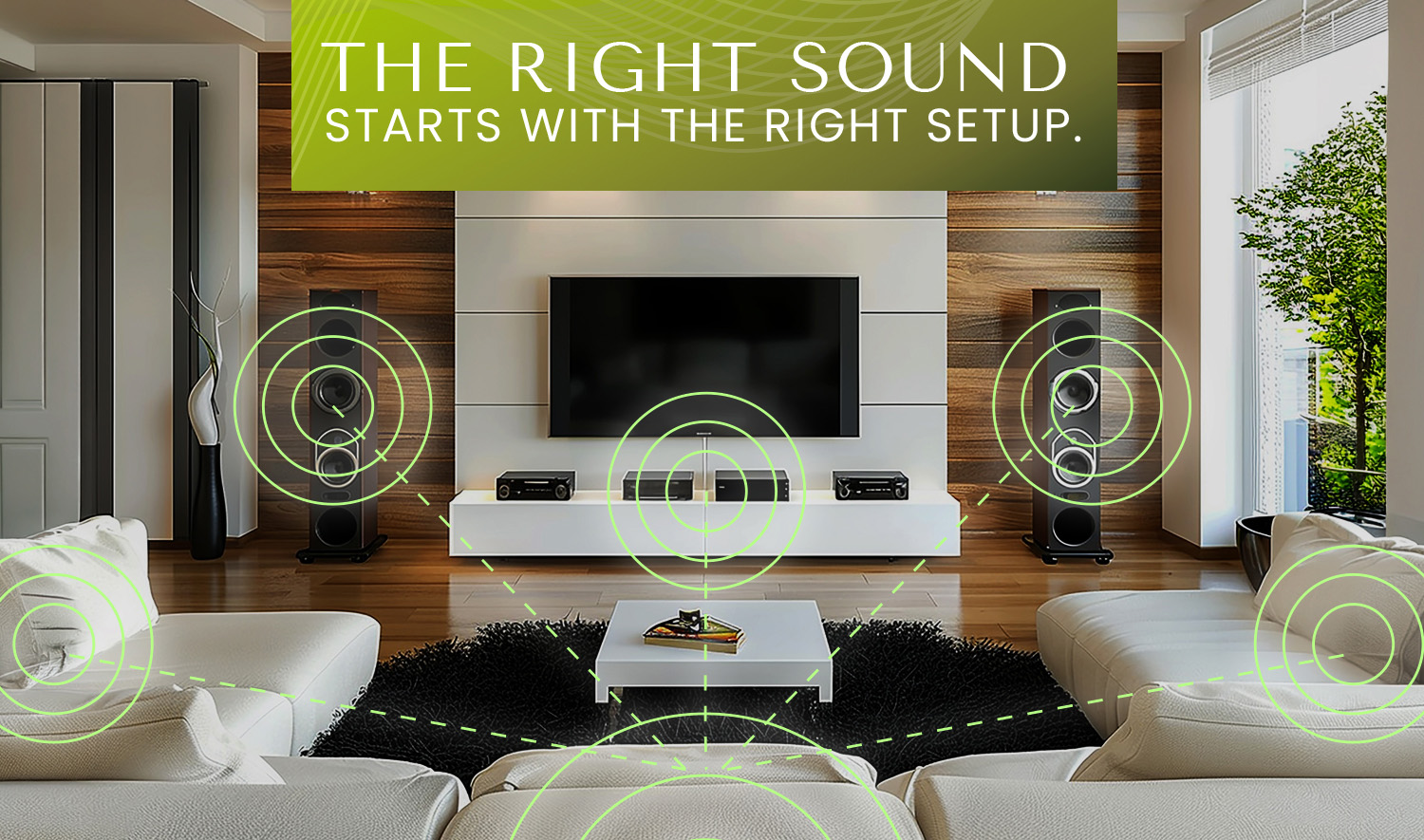 Living room with surround sound speakers and TV for home theater.